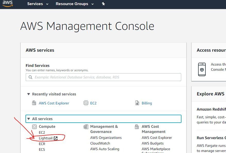 AWS management console page for lightsail